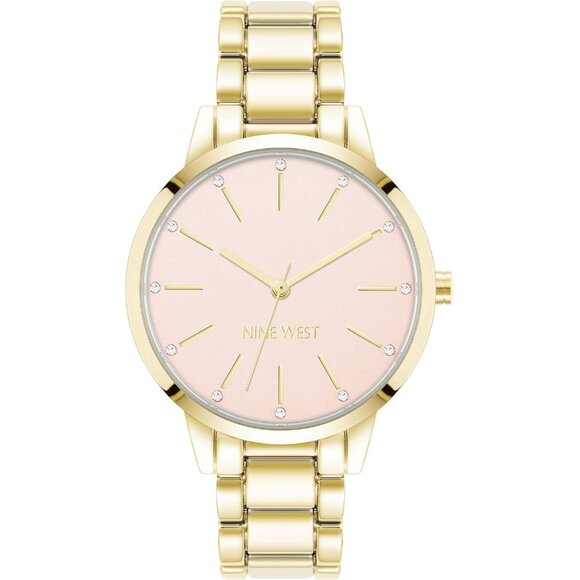 Nine West Women's Gold band Pink dial Crystal Accented Bracelet Watch - Picture 1 of 4